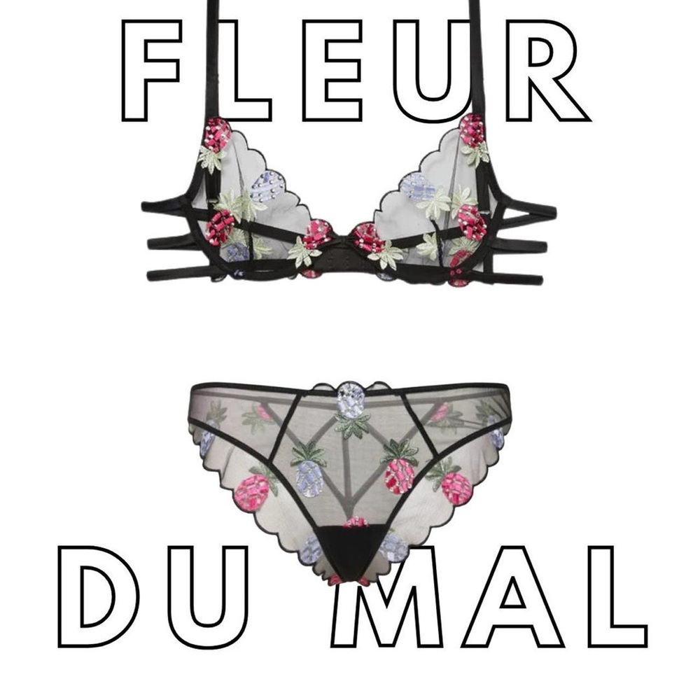 Fleur du Mal Black and Pink Pineapple Embroidered Bra Set 32DD